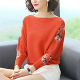 Embroidery Batwing Sleeve O-Neck Spring Sweaters Women Casual Loose Knitted Pullovers Large Size Knitwear Tops