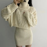 Fongt Autumn And Winter French Gentle Hemp High-Necked Short Sweater + Knitted Skirt Woman