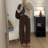 Fongt Brown Plus Velvet Jeans Women's Autumn And Winter High-Waisted Thin Straight Barrel Loose Broad Legs Long Trousers