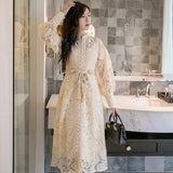 Quality 2022 Autumn Runway Long Dress Women Single-breasted Lantern Sleeves Hollow Embroidered Lace Sashes
