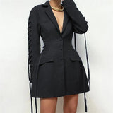 Single Breasted Blazer Women Jacket Notched Collar Lace-up Drawstring Slim Pockets Elegant Blazers Ladies Outerwear Tops-Outfit