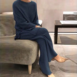 Autumn Knitted Long Sleeve Top Wide Leg Pants Set Casual Korean 2PC Lady O-Neck Sweater Suits Classic Solid Femme