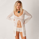 Fongt Beach Skirt In Front Of The Fork Knitted Hollow Bikini Hooded U-Collar Sunscreen