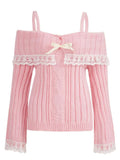 Women Off Shoulder Sweaters Long Sleeve Lace Patchwork Knitted Ribbed Pullovers Front Bow Jumpers Top Streetwear 2023-Outfit