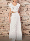 Fongt Summer New Two-Piece Femininity Elegant Fresh Sweet V-Leading Flying Sleeve High-Waisted Dress Suit