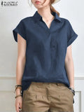 Summer Elegant Lapel Neck Solid Blouse Women Short Sleeve Solid Cotton Tops Casual Loose Blusas OL Work Shirt Oversize 703-1-Outfit