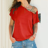 Fongt Explosion Casual Slanted Shoulders Cross Irregular Short-Sleeved Print Women T-Shirts