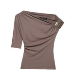 Fongt Set Asymmetric Coat 2025 Summer Folded Single-Sleeved Elastic Body Trim Women's T-Shirt Casual