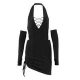 Fongt Summer New Sexy Back Hanging Neck Hollow Out Strap Suit Skirt