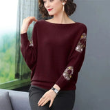 Embroidery Batwing Sleeve O-Neck Spring Sweaters Women Casual Loose Knitted Pullovers Large Size Knitwear Tops