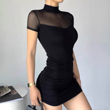 Goth Dark Mock Neck Y2k Bodycon Mini Dresses Gothic Women Mesh Patchwork Sheer Party Dress-Outfit