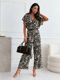 Fongt Women's Spring Leopard Print V-Leading Flying Sleeves Wide-Legged Jumpsuit