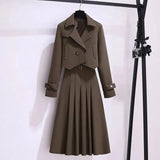 Office Mid Pleated Skirt Two Piece Sets Women Korean Short Blazer Jackets And A-line Skirts Suit Elegant Spring Fall