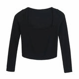 Women Square Collar Knitting Short T Shirt Casual Femme O Neck Long Sleeve Crop Tops