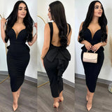 Party Casual Women's Dress Solid Color Hip Wrap Open Back Deep V Bow Elastic Split Ruffle Edge Sling Dress-Outfit