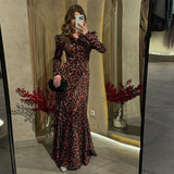 Fongt New Women's V-Neck Print Long Sleeve Open Fork Thin Waist Dress