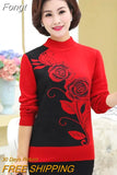 Autumn Winter Middle-aged Women Knit Sweater Print Pullover Turtlenecks Fleece Liner Warm Tops Mother Sweaters Base