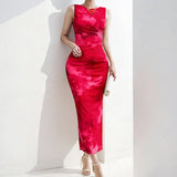 Fongt Spring Summer New Women's Temperament Elegant Sleeveless Open Forked Waist Sexy Printed Fashion Dress
