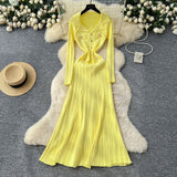 Fongt Fragrant High-End Feel Fashionable Doll Collar Long Sleeve Metal Buckle Waist Knitted Dress Women Autumn Slim Dress
