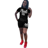 Two Piece Set Women Pink Letter Print Tops + Holes Shorts Tracksuits for Plus Size Women Casual Steetwear 2pcs