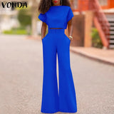 Women Pants Sets 2022 Female Casual Solid Color Round Neck Short Sleeve Tops High Waist Zipper Pants Office Long