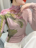 Autumn Fashion Bronzing T-shirt Women Located Printing Big Flowers Slim TShirts Female High Stretch Top HF8730-Outfit