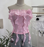 Fongt Shooting Pure Wind Lotus Leaf Side With A Word Shoulder Bra Small Vest Short Three-Dimensional Flowers Sleeveless Top 8856