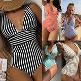 Fongt New One-Piece Big V-Neck Swimsuit Women's Striped Backless Swimsuit Women's Feel