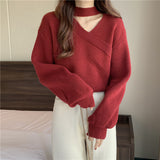 Fongt Languid Wind Shows Thin Casual Solid Color Knitting Inside The 2024 New V-Collar Loose Lantern Sleeve Sweater Female-Outfit