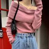 Feminino Off Shoulder Slash Neck Sweater Women Long Sleeve Knitwears Spring Spring Y2k Clothes Elegant Pullover Tops-Outfit