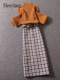 Ladies Elegant Suits Fall Winter Two Pieces Sets Womens Turtleneck Knitted Sweaters Tops And Tweed Plaid Long Skirts