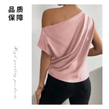 2024 Pure Satin Imitation Silk Irregular Sloping Shoulder Collar Sleeveless Shirt Women's Dress-Outfit
