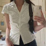 Fongt Desire Girl Casual Wind White Jacket 2023 Summer Design Sense After The Strap Show Thin Basic Shirt Women-Outfit