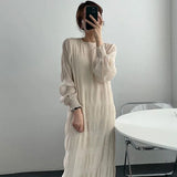 Fongt Chic Gentle And Elegant Round Collar Fold Texture Design Loose Leisure Lantern Sleeve Chiffon Dress Woman