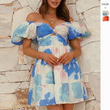 Fongt Summer New Temperament Print Hollow V Collar Bubble Sleeve Skirt Dress Dress Woman