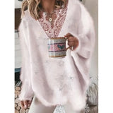 Sweater Women Solid Five-pointed Star Design Mesh V Neck Loose Pullovers Top Vintage Elegant Knitted Knitted Plus