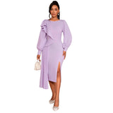 Fongt Elegant Lantern Sleeve Party Dress Irregular Lotus Folds On The Side Of The Fork Evening Dress Dress