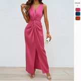 Fongt Summer Women's Elegant Kinesy Sleeveless V-Neck Opening And Repair Body Temperament Dress Dress Woman