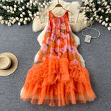 Fongt Retro Court Style Design With A Sense Of Fashion Print Splicing Mesh Tau Pong Irregular Lotus Leaf-Side Dress Woman