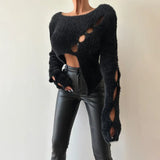 Sweater Women's Autumn New Style Millennial Hot Girl Pure Desire Short Irregular Hollow Knitted Sweater Loophole Top-Outfit