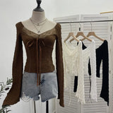 Fongt Shooting Merard Wind Strapted Bow Splicing Lace Pure Desire Blouse Folding Body Short Blouse 6015