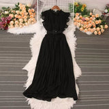 Fongt Sense Of Light Luxury Temperament Flying Sleeve Round Recipient Waist Thin A Word 100-Fold Dress Elegant Swing Long Skirt