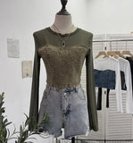 Fashion Fake Two Denim Splicing Mesh Long Sleeve Top Short Open Umbilion T-Shirt