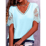 Fongt Women's T-Shirt Burst Lace Splicing Loose V-Neck Short-Sleeved T-Shirt