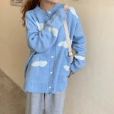 Female Cardigan Cute Print Clouds O Neck Loose Casual Lady Long Sleeve Knitted Cardigan Women Jacket Blue