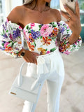 Hot Style Spring And Summer Sexy Word Collar Open Shoulder Wrapped Chest Print Shirt-Outfit
