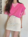 New 2022 Korean Fashion Elegant Waistcoat Knitted Retro Women Autumn Winter Sweater Short Pink Vests Tops