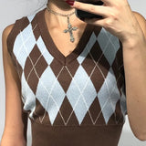 Y2K Crop Top Argyle Sweater Vest V Neck Sleeveless Tank Jumper Preppy Style Plaid Knitted Pullover Autumn Winter