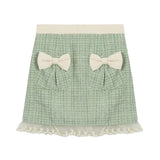 Winter Sweet Tweed Plaid Skirt Sets Women Cute Bow Woolen Jackets Mini Skirts Green Elegant Suit Female New 2 Pieces Sets-Outfit