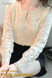 Sleeve Sweet Lace Blouse O Neck Women Femme Blusas White Button Loose Top Hollow Out Flower Lace Patchwork Shirt